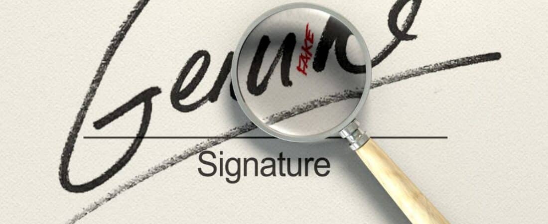 A document with a forged signature and a magnifying glass.